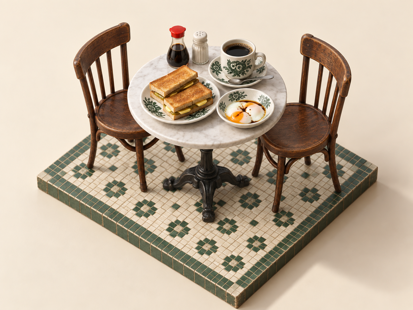 User-supplied illustration of kaya toast, a bowl of soft-boiled eggs, kopi, soya sauce and pepper